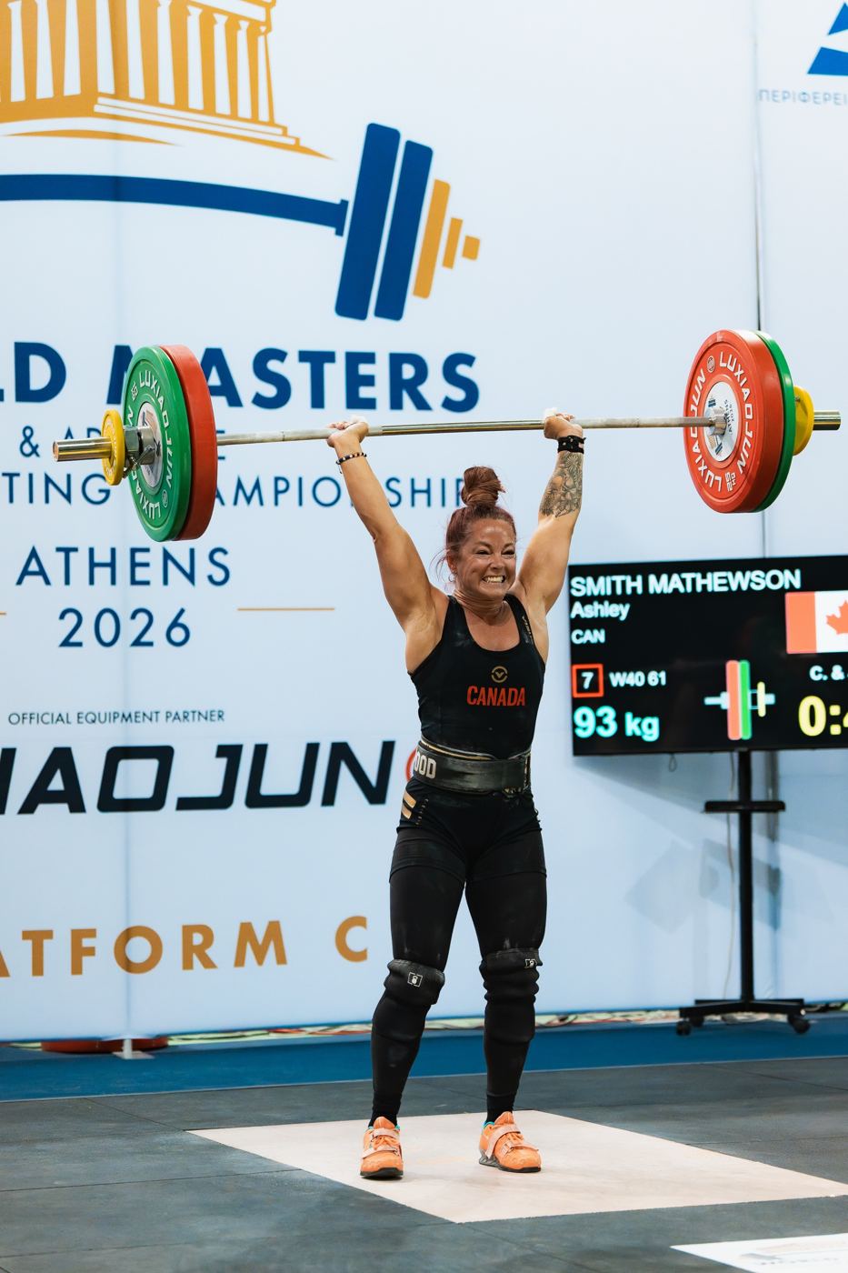 Ashley Smith Mathewson locking out a clean and jerk for Canada at the 2026 World Masters in Athens